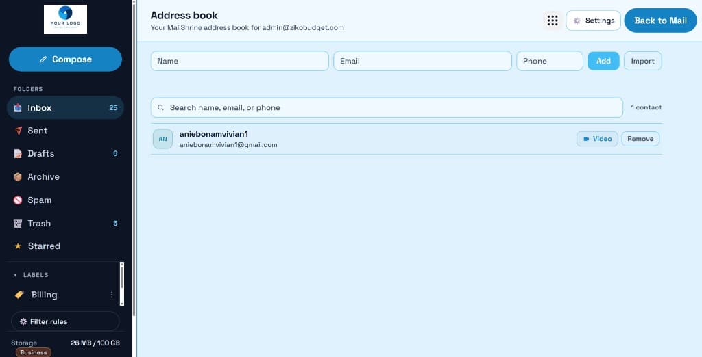 MailShrine address book with the company logo in the left sidebar