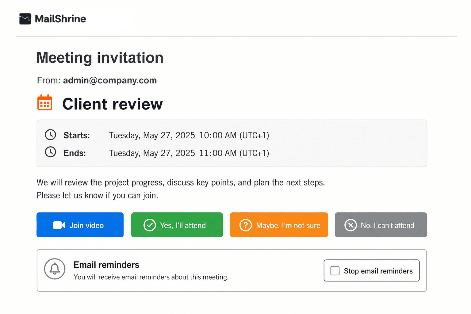 MailShrine guest meeting invitation with Join video, Yes, Maybe, No