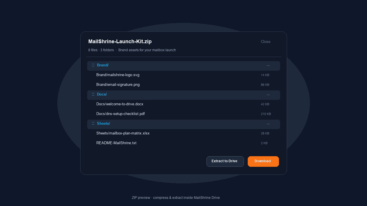 MailShrine Drive ZIP archive listing with folders and Download