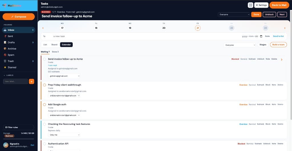 MailShrine Tasks calendar view of due work
