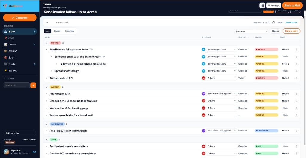 MailShrine Tasks list with nested work, assignees, and due dates