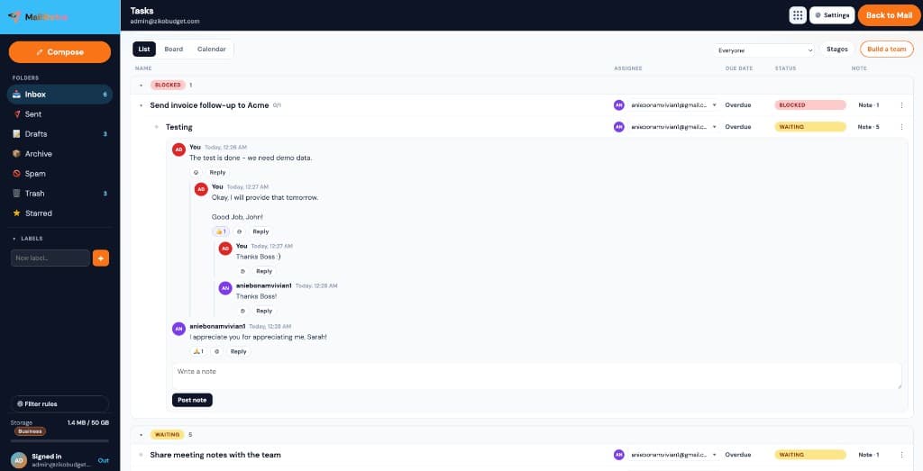 MailShrine Tasks notes thread with replies from the owner