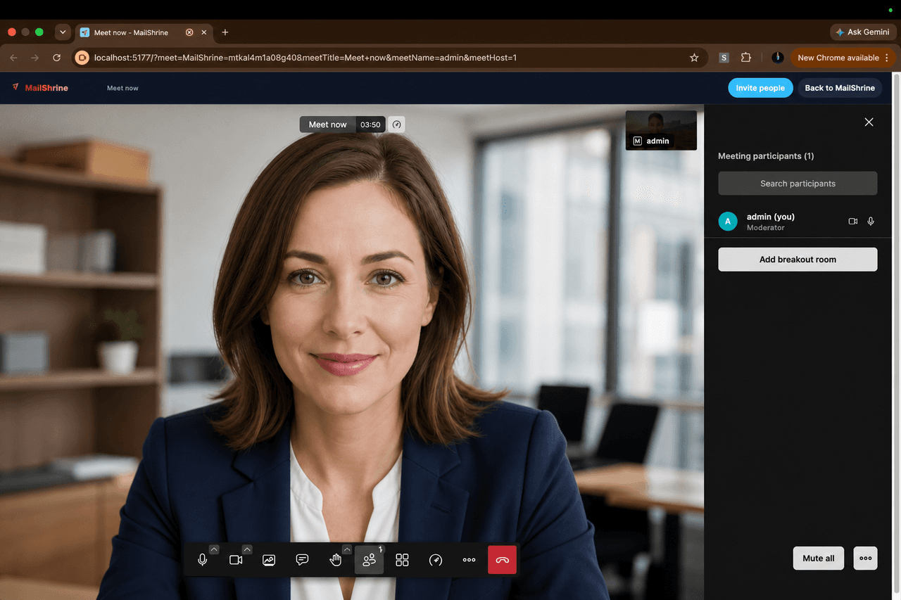 MailShrine video meeting in call with chat, share, and lobby controls
