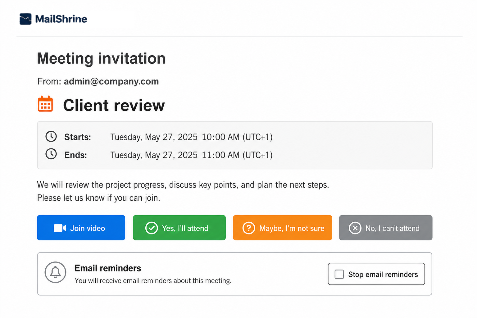 MailShrine guest meeting invitation with Join video, Yes, Maybe, No, and stop reminders