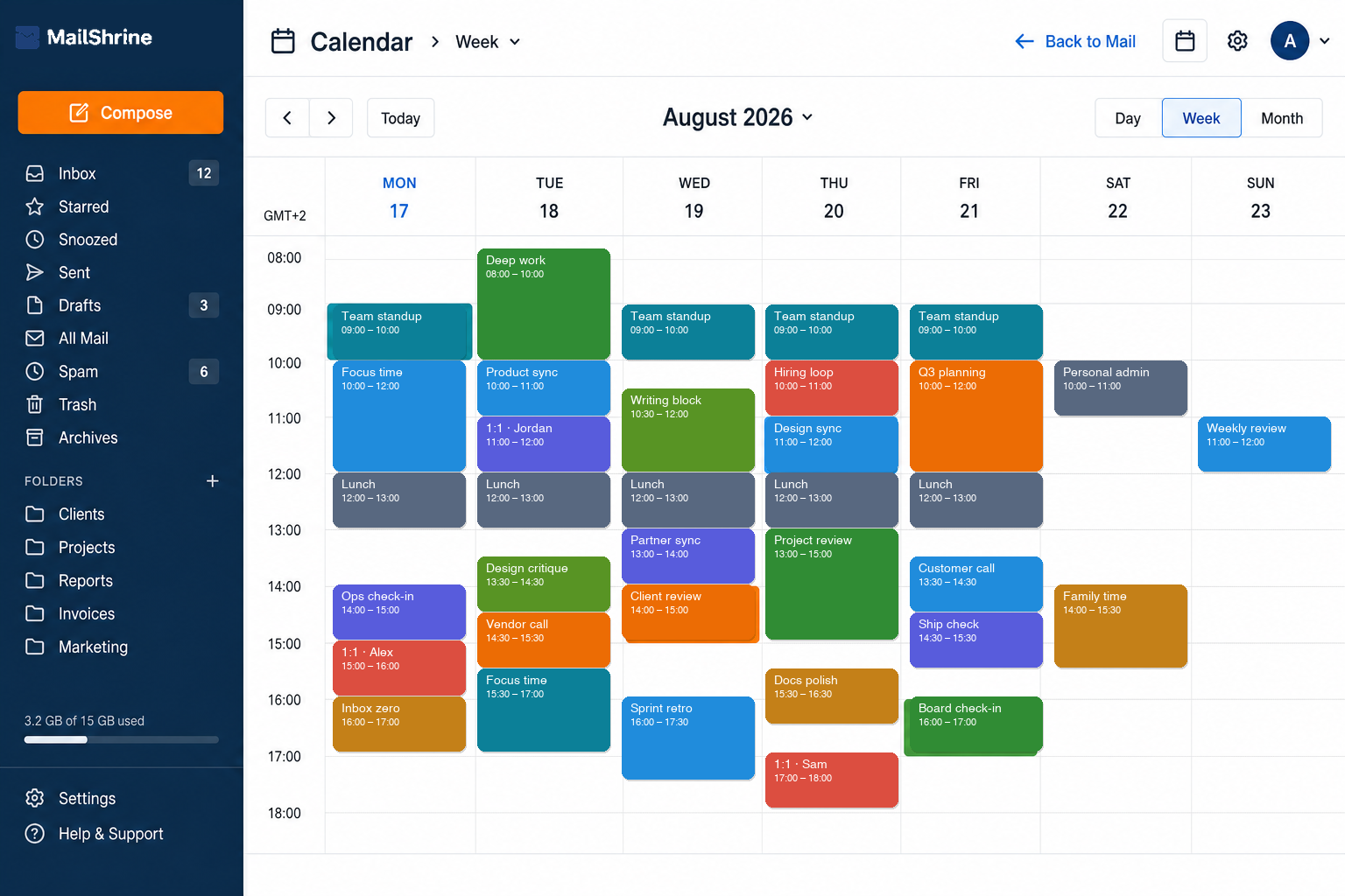 MailShrine Calendar week view beside the inbox with a full color-coded schedule