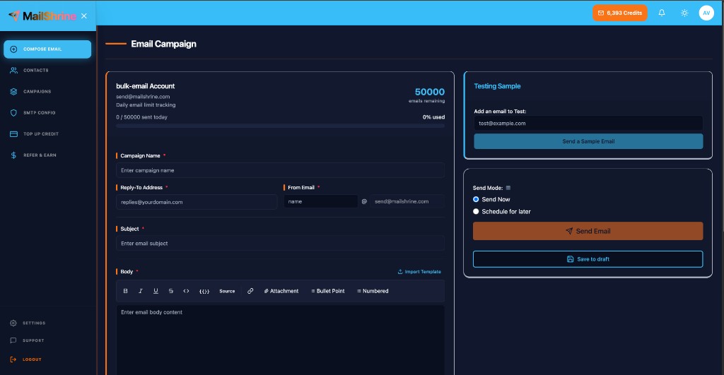 MailShrine compose campaign with subject, body, reply-to, send now or schedule, and send sample