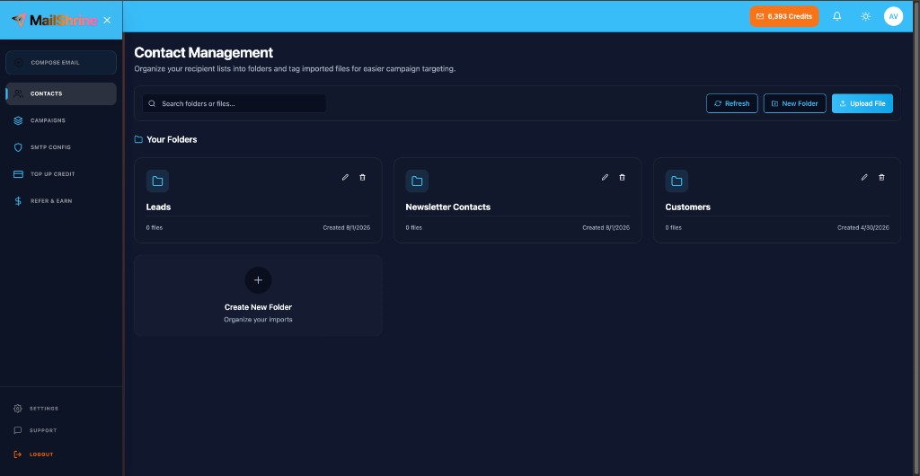 MailShrine Contact Management with folders for Leads, Newsletter, and Customers