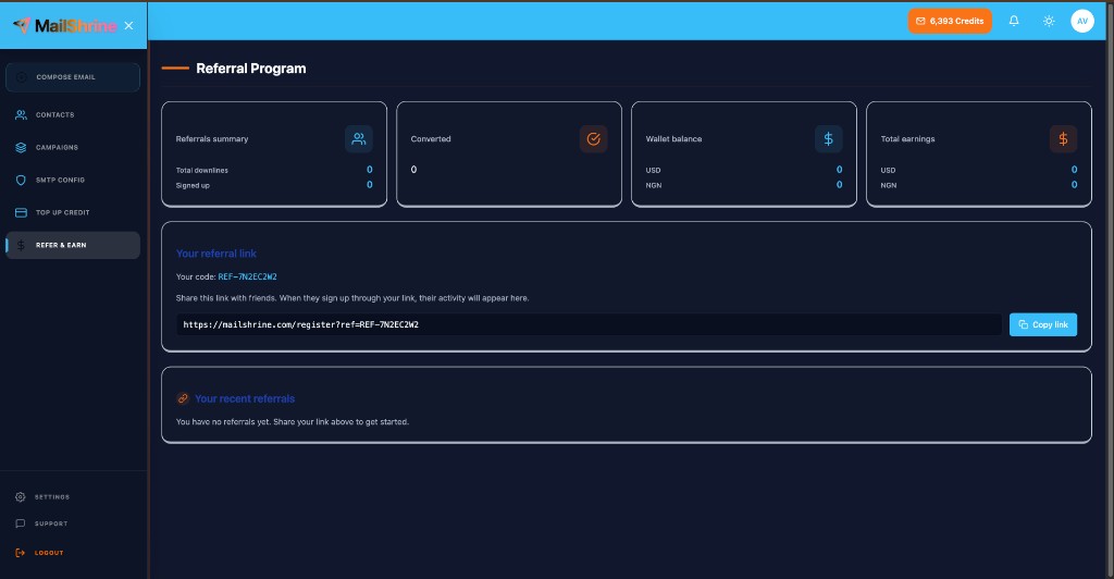 MailShrine referral program with referral link, converted signups, and USD plus NGN earnings