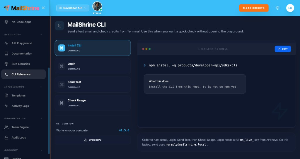 MailShrine CLI reference — install, login, send test