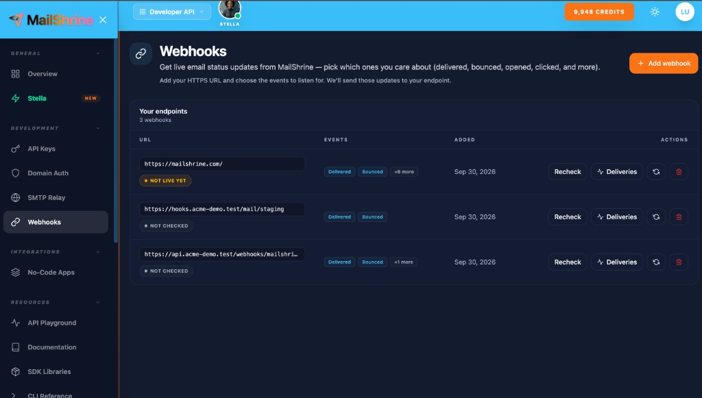 Webhooks endpoints list with delivery event tags