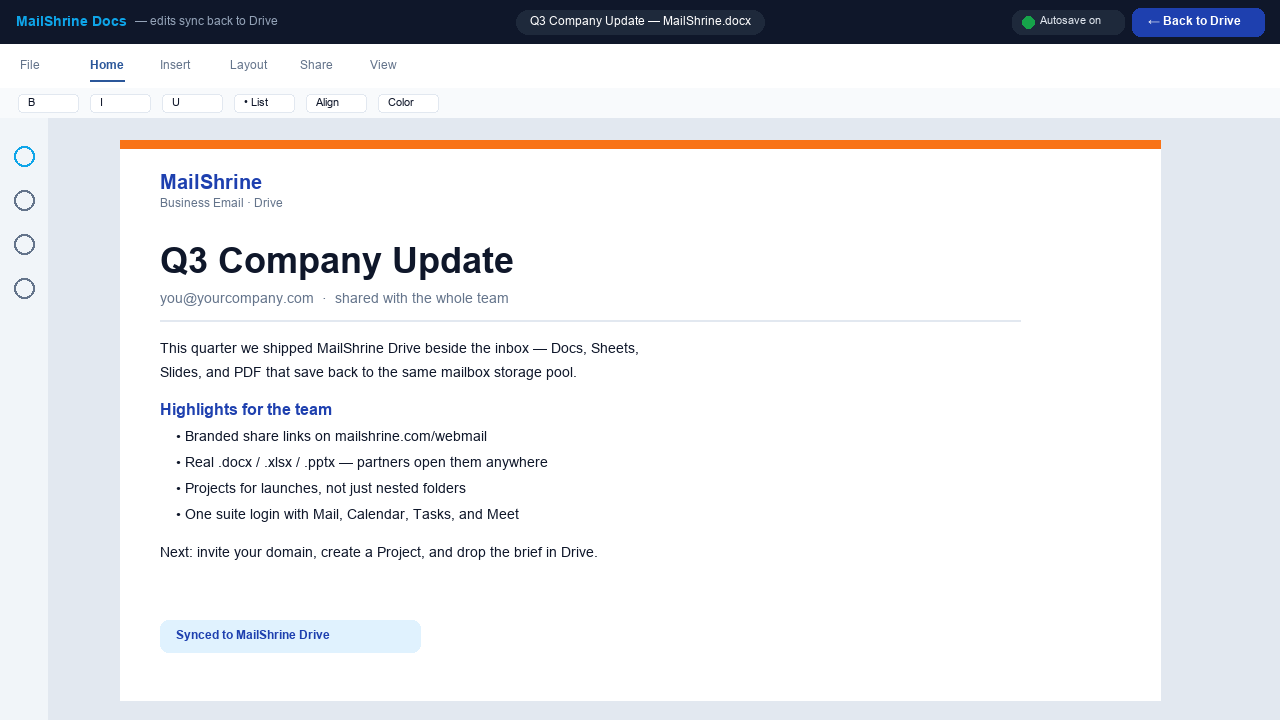 MailShrine Docs editing a Word document with edits syncing back to Drive