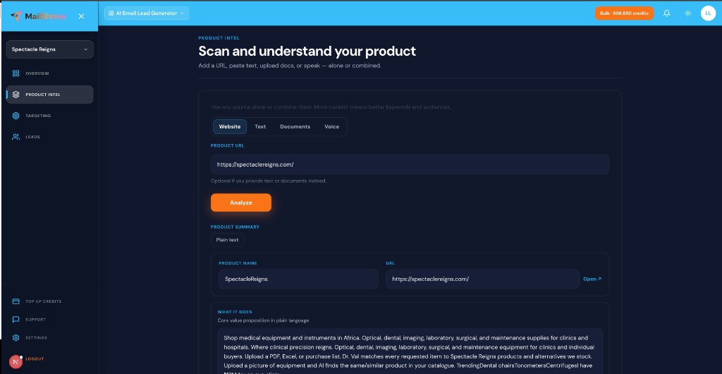AI Email Lead Generator Product intel — website URL, Analyze, and product summary for SpectacleReigns
