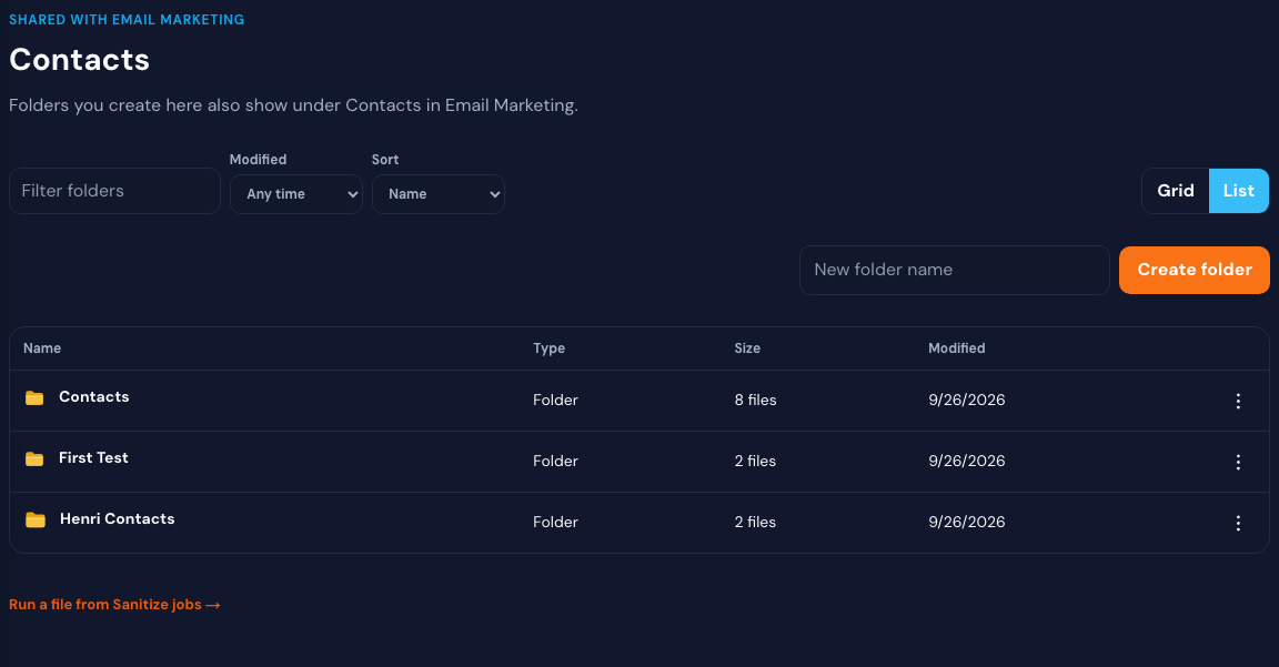 Contacts folders shared with Email Marketing, including Contacts, First Test, and Henri Contacts