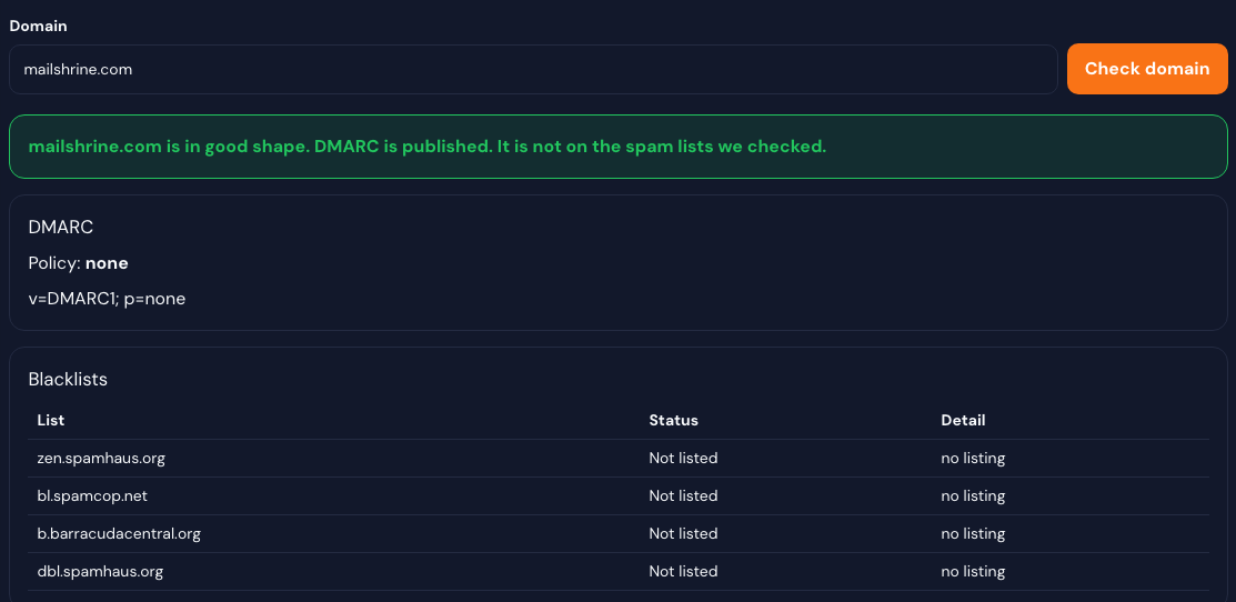 Domain check for mailshrine.com showing a published DMARC record and spam lists marked Not listed