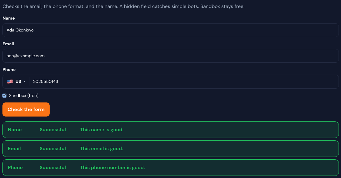 Signup form with name, email, US phone, sandbox checkbox, and successful result rows