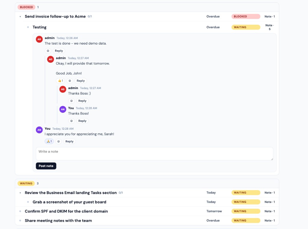 Assignee nested notes on MailShrine — replies on replies, timestamps, and emoji reactions
