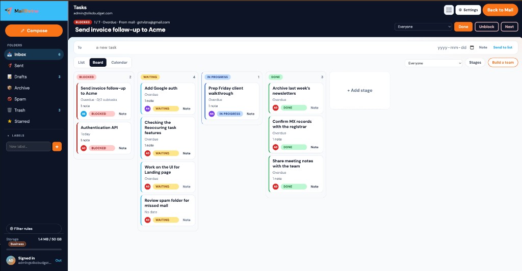 Assigner Tasks board in MailShrine — Blocked, Waiting, In progress, Done, and add a stage